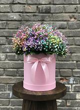 Цветочная композиция из Гипсофила и Розы в шляпной коробке в Шестаково