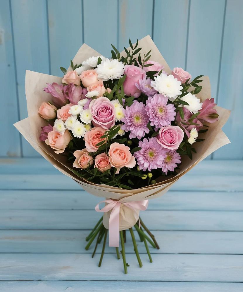 Букет цветов из: Хризантемы, Розы и Альстромерии в Шестаково