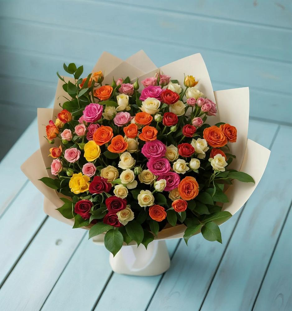 Букет Микс из разноцветных кустовых роз в Шестаково