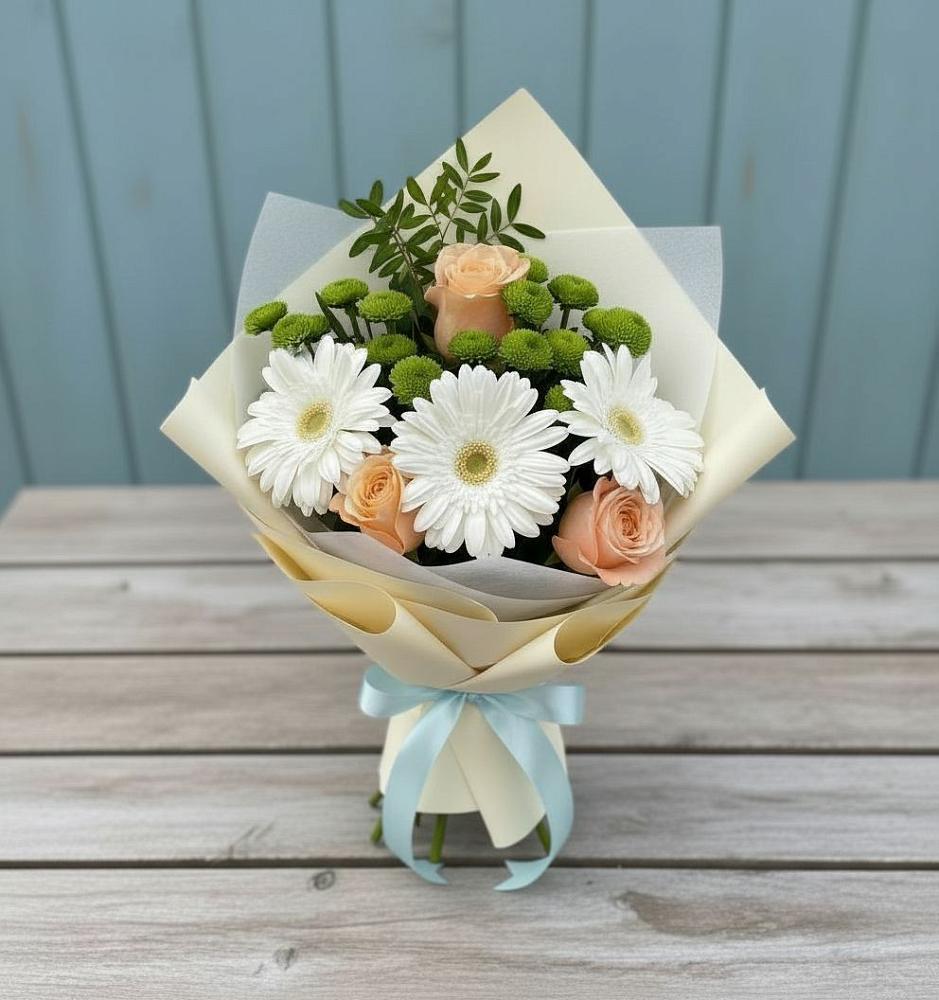Букет цветов из: Герберы, Розы и Хризантемы в Шестаково