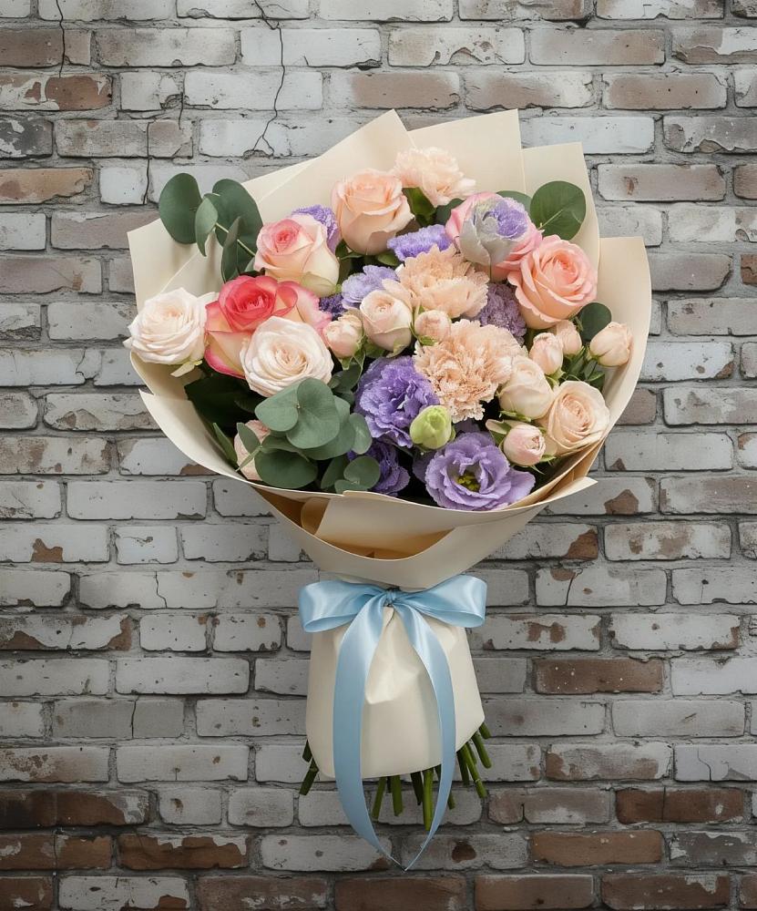 Букет цветов из: Розы, Лизиантусы и Гвоздики в Шестаково