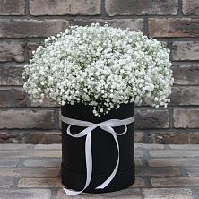 Цветочная композиция из Гипсофила в шляпной коробке в Шестаково