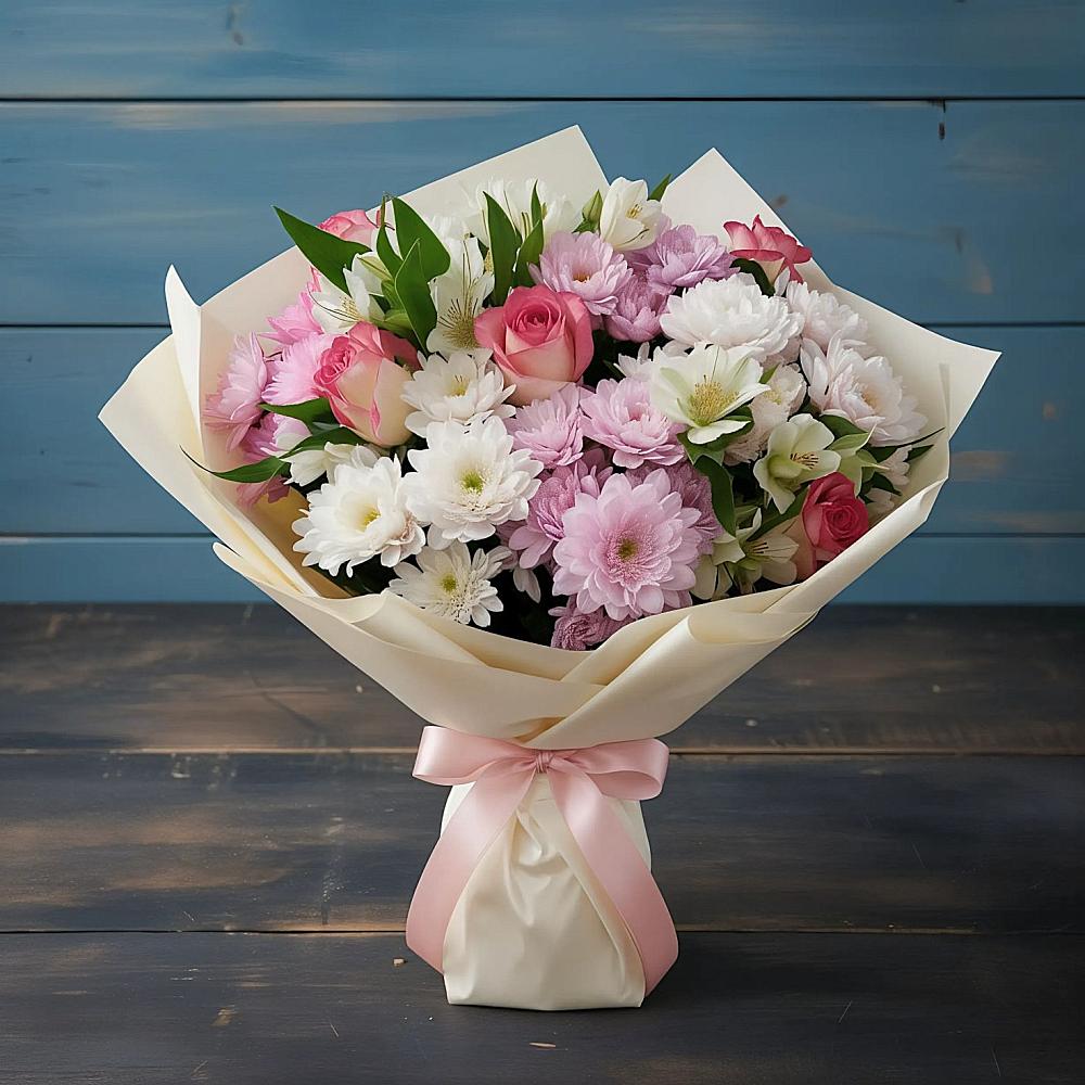 Букет цветов из: Хризантемы, Альстромерии и Розы в Шестаково